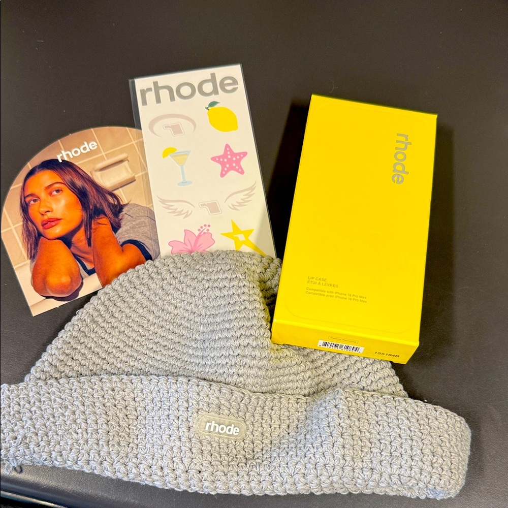 RHODE Light Gray Knit Beanie & iPhone 16 pro max lemon 🍋 case with Tattoos